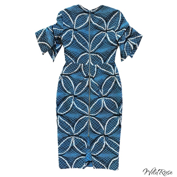 ROLAND MOURET “BANCROFT” BLUE GEOMETRIC PRINT EMBROIDERED MIDI PENCIL DRESS SZ 6 - Picture 11 of 15